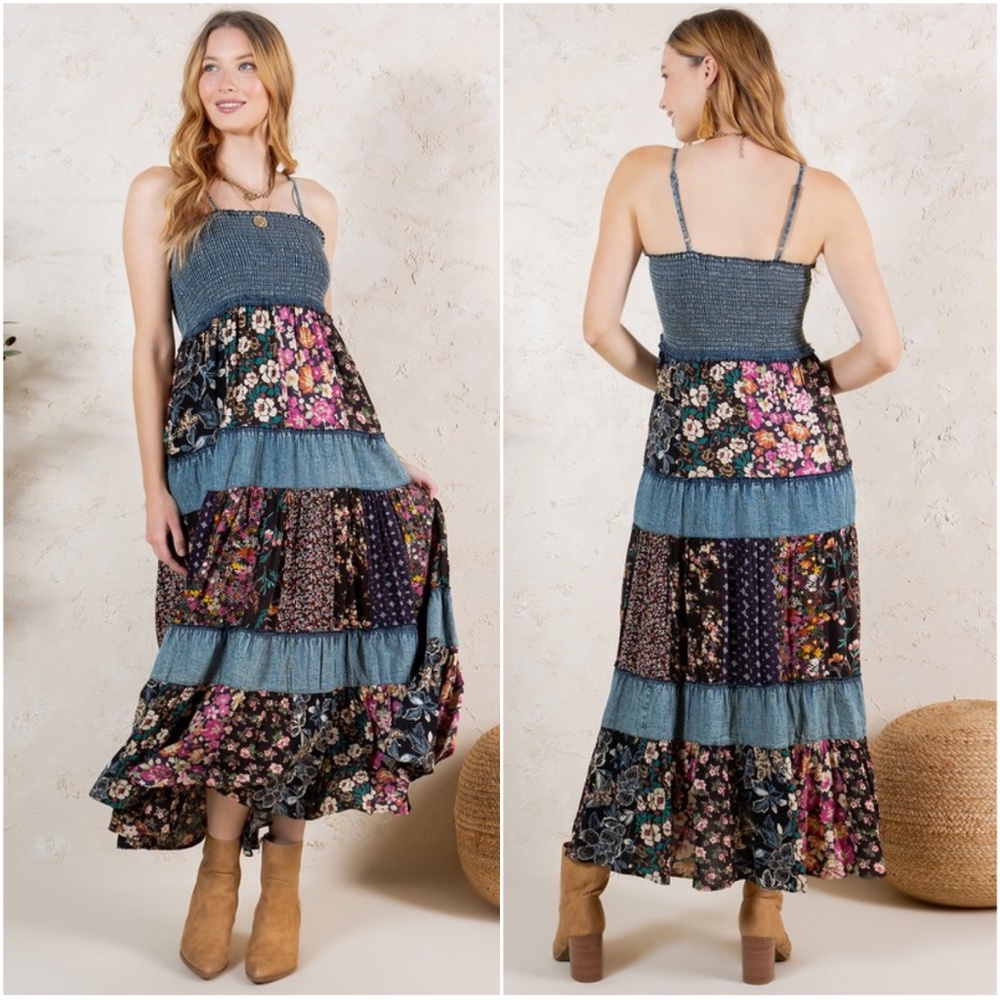 NWT Bohemian Floral Maxi Dress in Blue and Black - Picture 3 of 4